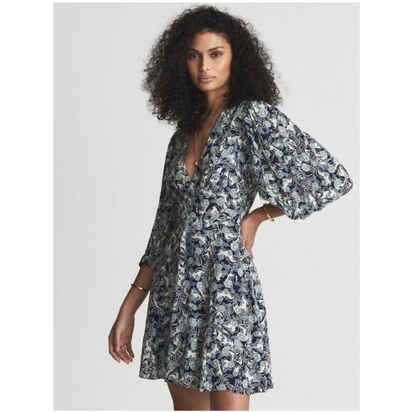 REISS Daisy Puff Sleeve Print Mini Dress / Size 6 / Blue White Floral V-Neck - Picture 3 of 13